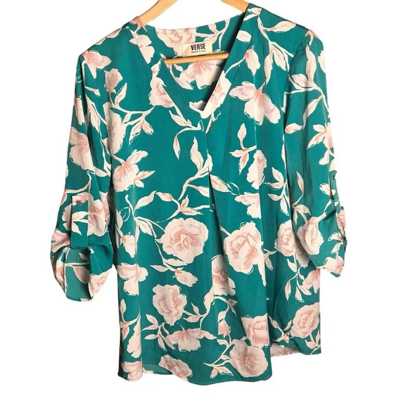 Verse Maternity Women’s Blouse Green Floral V Neck Roll Tab Sleeve Size L - Picture 3 of 11